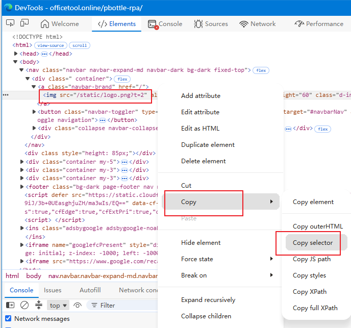 How pbottleRPA precisely selects web page elements